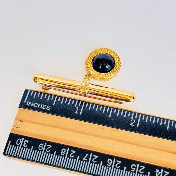 Vintage Monet Bar Dangle Brooch Gold And Black Cabochon Medallion 2” Signed - Picture 8 of 9